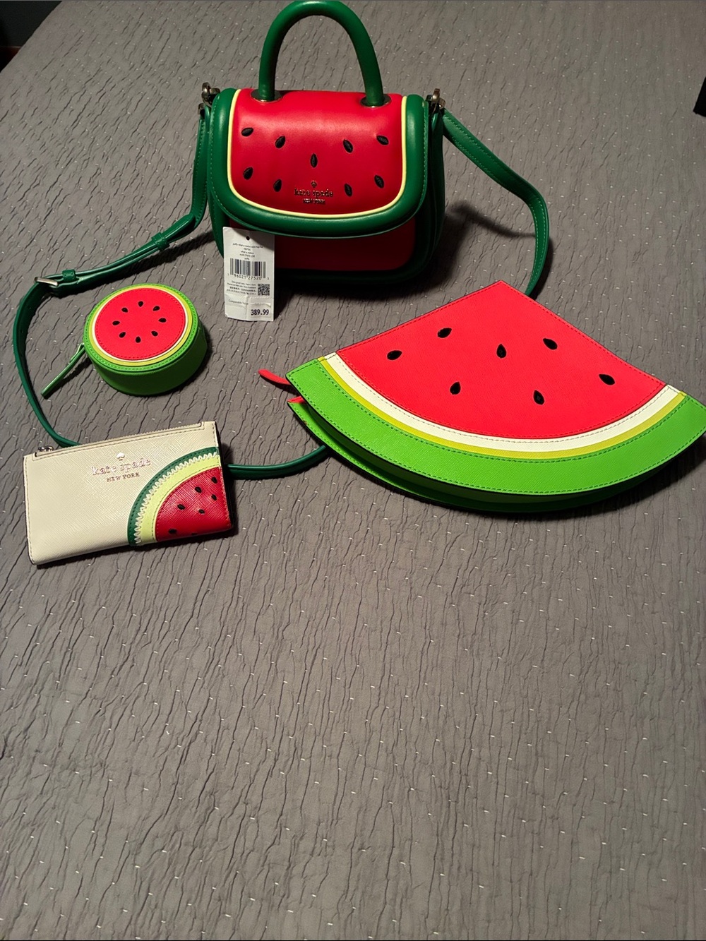 KATE SPADE.  Watermelon puffy bag set in red & green PLUS clutch & coin PURSE.